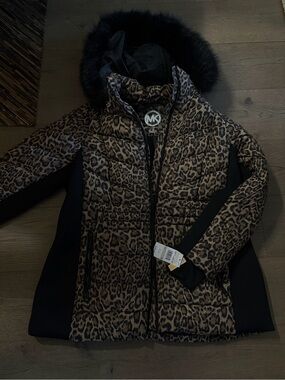Michael Kors Slimming Leopard Print Puffer Jacket with Faux Fur Hood MK